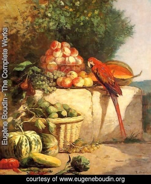 Eugène Boudin - Fruit and Vegetables with a Parrot