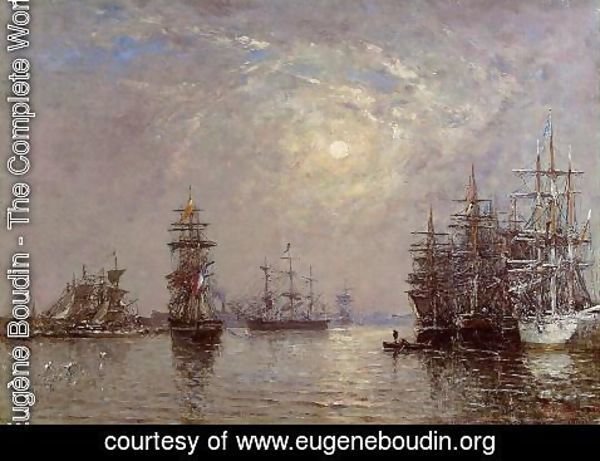 Eugène Boudin - Le Havre: European Basin, Sailing Ships at Anchor, Sunset