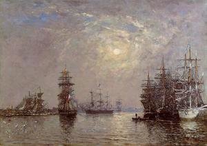 Eugène Boudin - Le Havre: European Basin, Sailing Ships at Anchor, Sunset