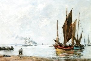 Eugène Boudin - Boats At Anchor along the Shore