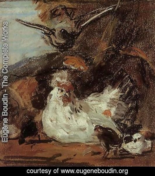 Eugène Boudin - A Hen and Her Chicks (after Melchior d'Hondecoeter)