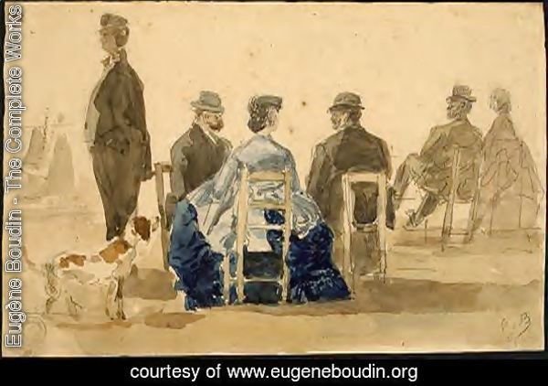 Ladies and Gentlemen Seated on the Beach with a Dog
