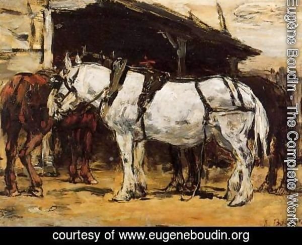 Eugène Boudin - Harnessed Horses