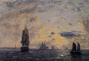 Eugène Boudin - Seascape, Fishing Boats