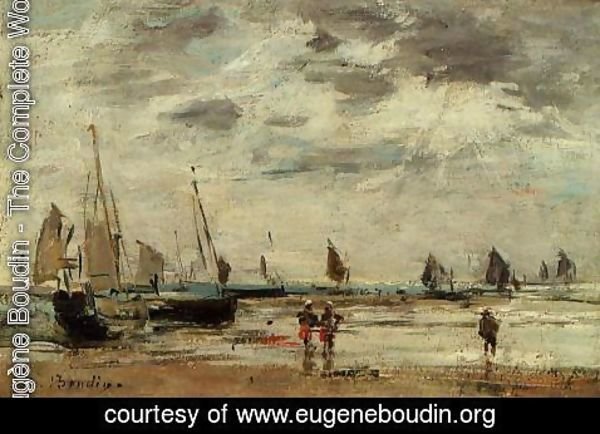 Eugène Boudin - Berck, Jetty and Sailing Boats at Low Tide