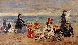 Eugène Boudin - Woman and Children on the Beach at Trouville