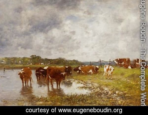 Eugène Boudin - Cows in a Meadow on the Banks of the Toques
