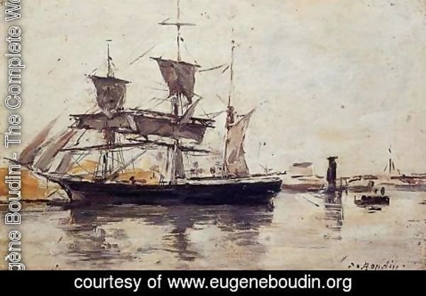 Eugène Boudin - Three Masted Ship at Dock