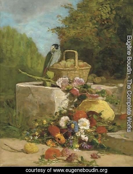 Perroquet, fruits et fleurs dans un jardin