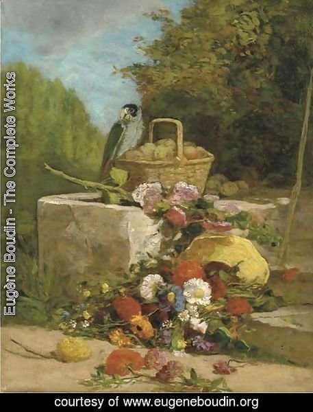 Eugène Boudin - Perroquet, fruits et fleurs dans un jardin