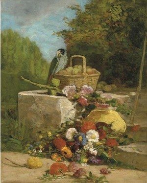 Perroquet, fruits et fleurs dans un jardin