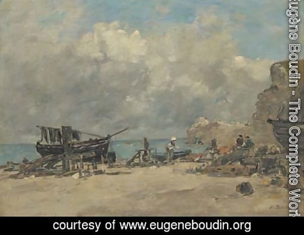Eugène Boudin - Etretat Bateaux de peche et pecheurs sur la plage