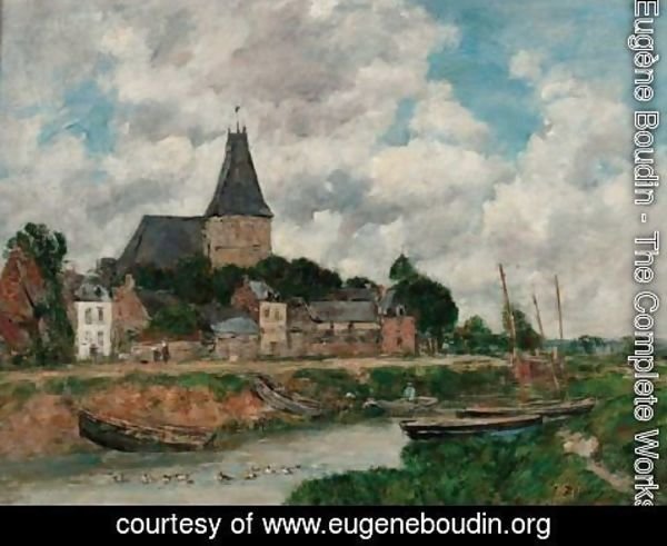 Eugène Boudin - Quillebeuf, L'Eglise Vue Du Canal